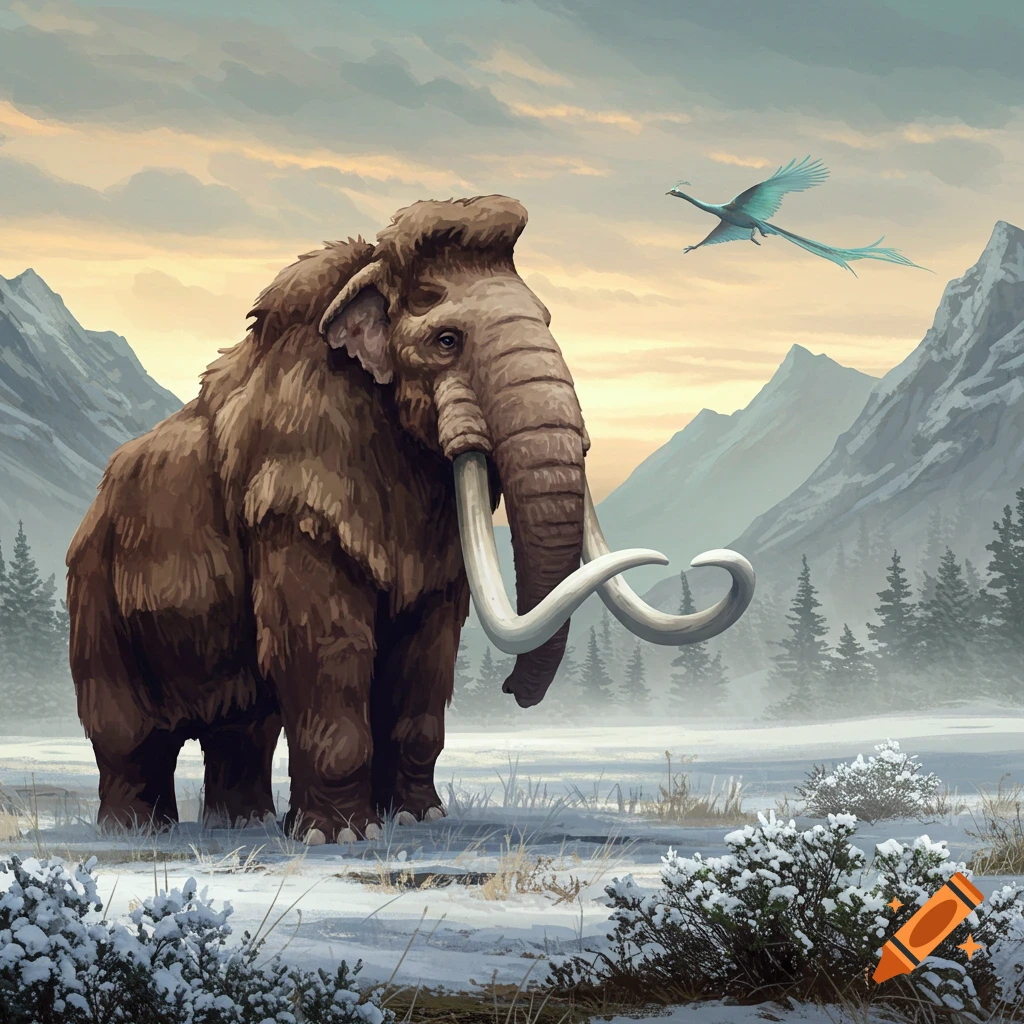 A woolly mammoth stands in a snowy mountain landscape under a pale sky, with a blue bird flying nearby in an illustration.