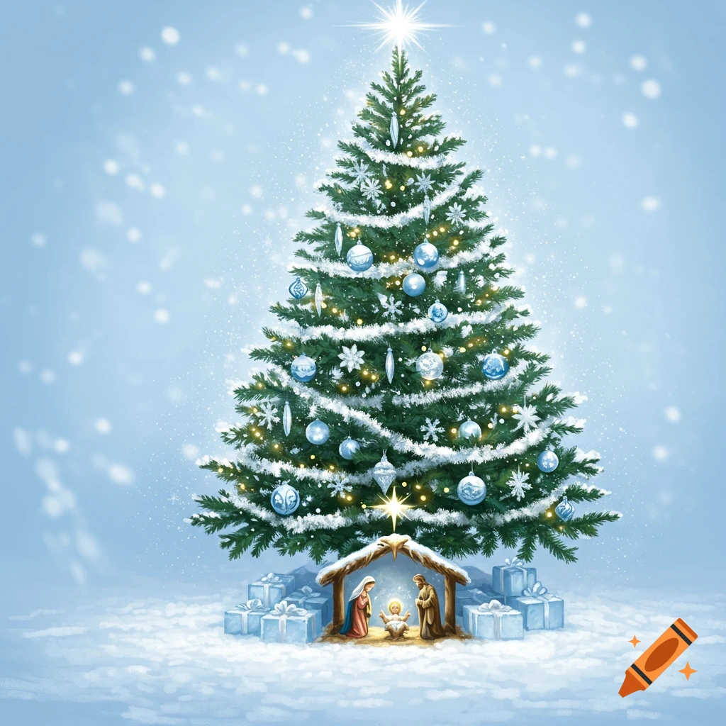 A decorated Christmas tree and nativity scene with Mary, Joseph, and baby Jesus in a snowy winter landscape.