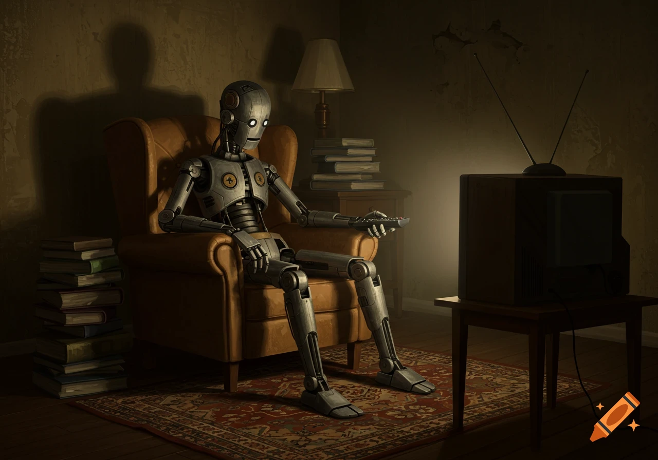 A metallic robot with glowing eyes sits in an armchair, watching an old TV in a dimly lit room with stacks of books.