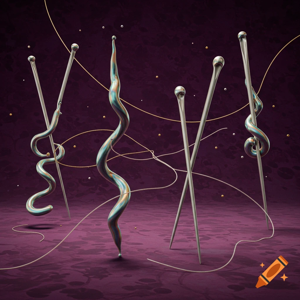 Stylized silver knitting needles, some with iridescent wavy forms, against a deep purple patterned background with thin threads and beads.