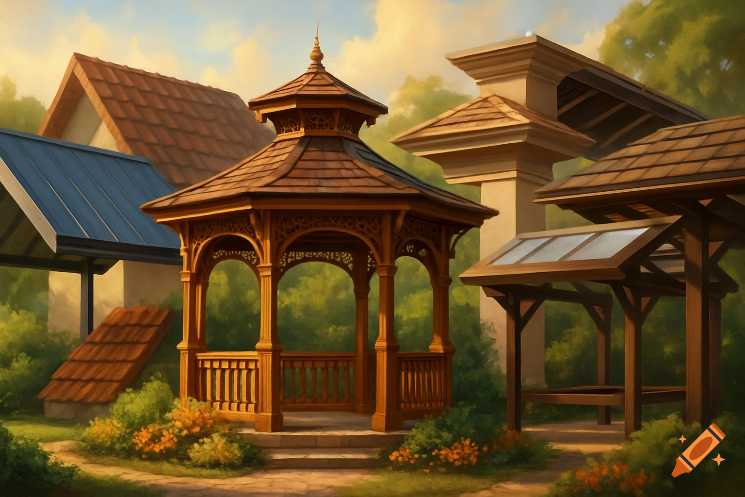 A wooden gazebo with intricate details in a lush garden, surrounded by various roof styles under a warm sky in a painterly style.