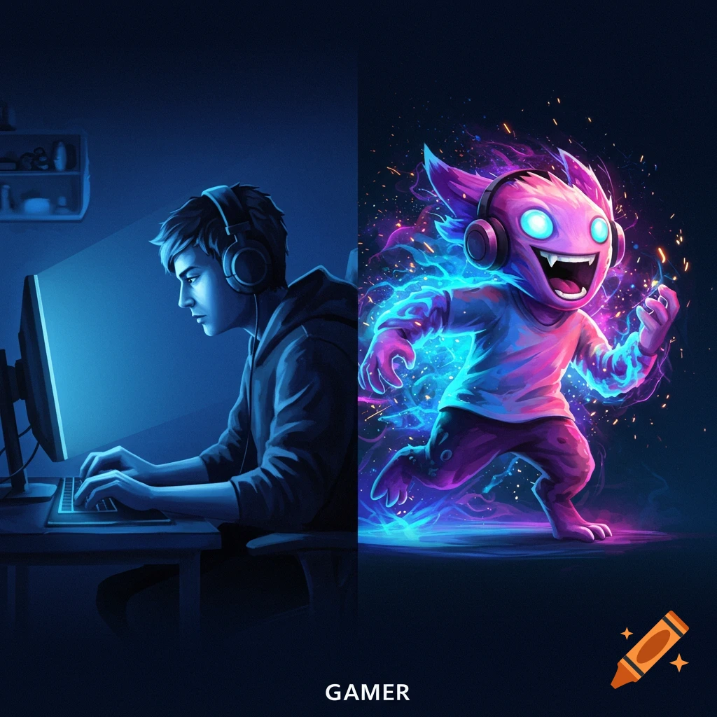 Split image: a person gaming intently in a dark room and an excited, glowing pink monster with headphones. Text: GAMER.
