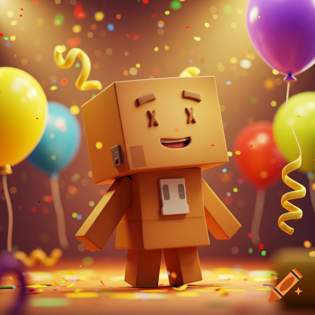 A smiling, cube-shaped cartoon character with "X" eyes and brown skin stands amidst colorful balloons and confetti in a warm, spotlighted party scene.
