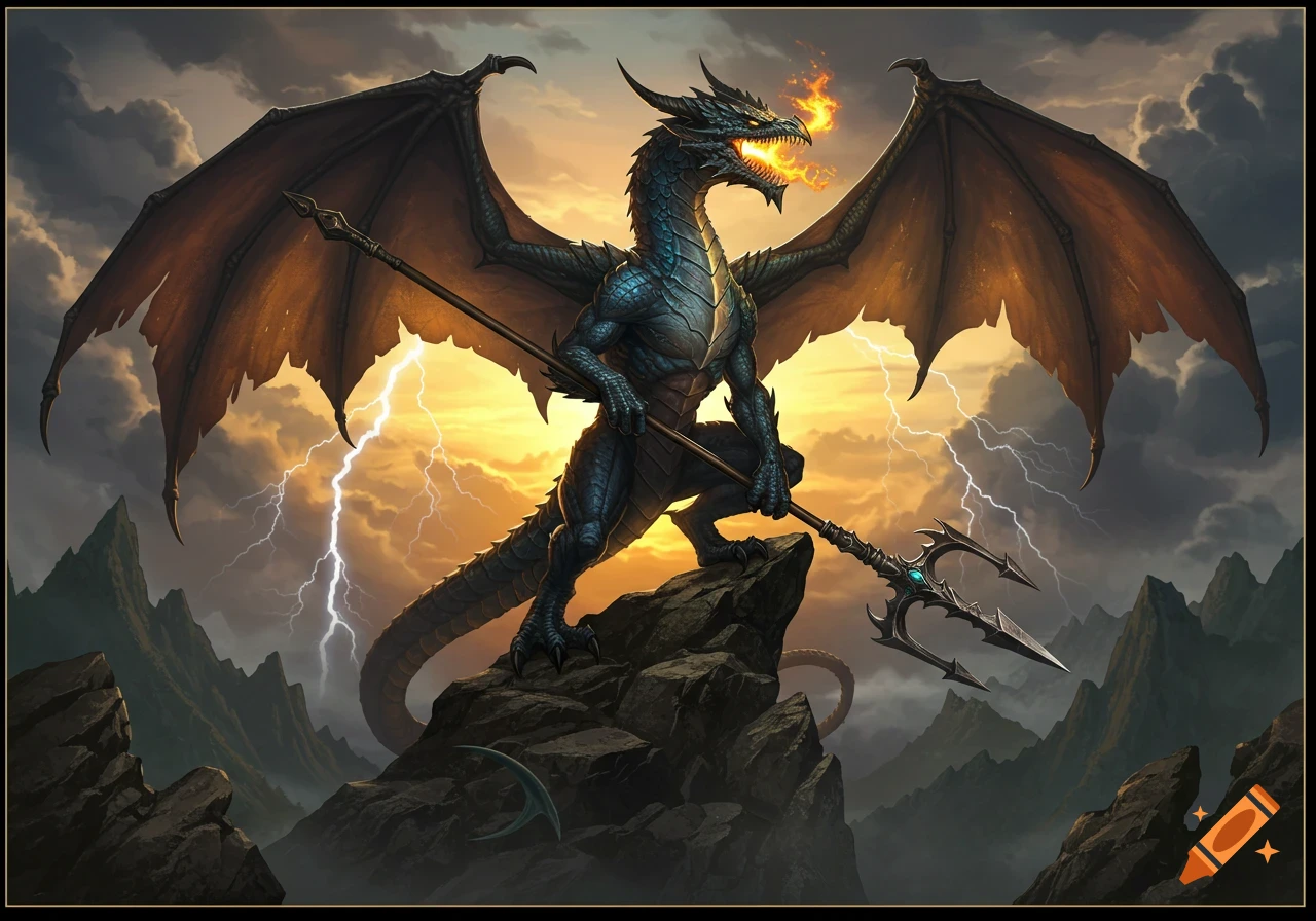 A majestic blue-scaled dragon with large wings stands atop a rocky peak, breathing fire and holding a trident against a stormy, lightning-filled sky.