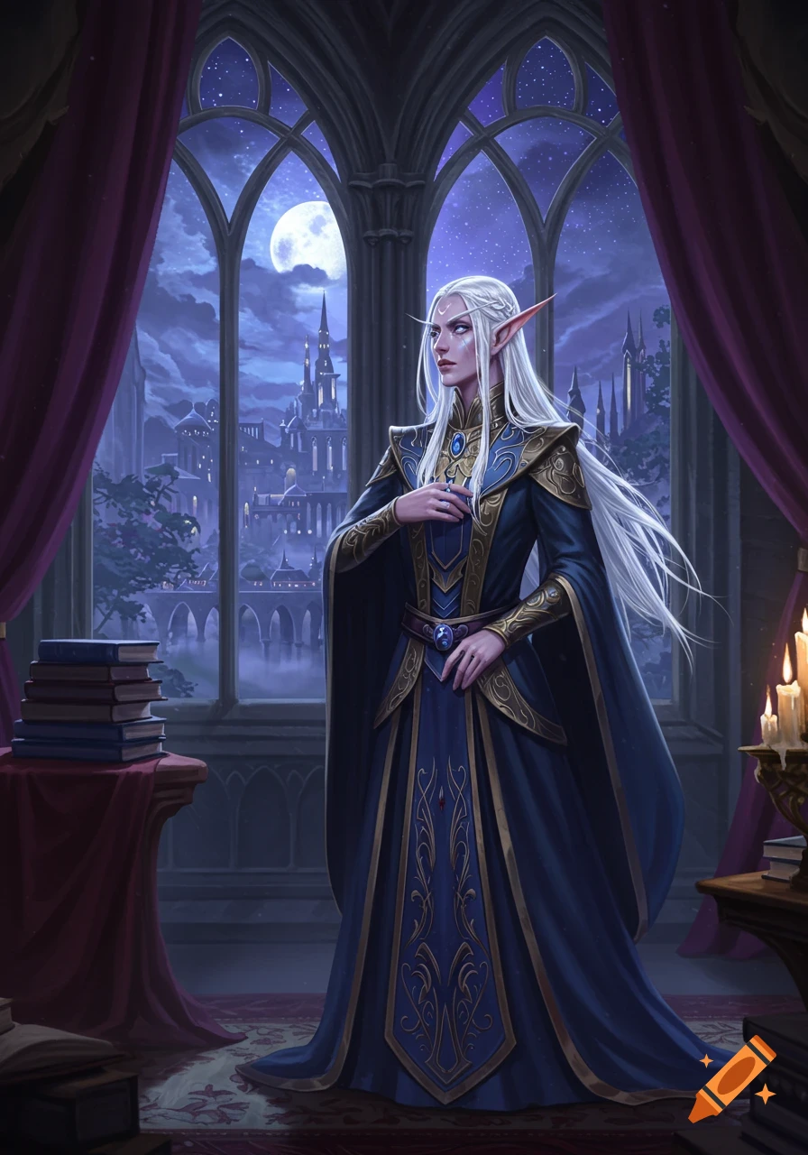 A high elf in an ornate blue and gold gown stands by a gothic window, overlooking a moonlit fantasy city.