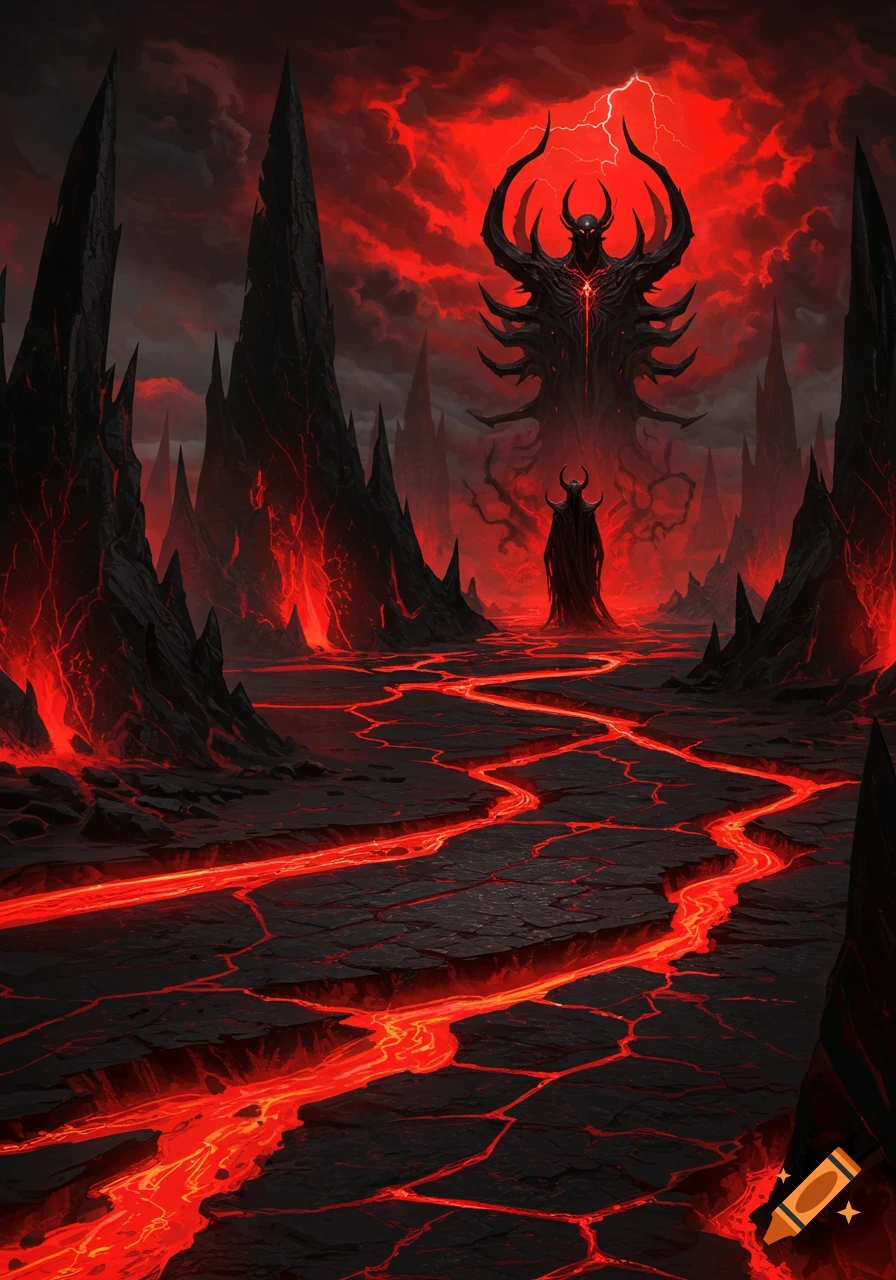 A dark fantasy hellscape with jagged black peaks, rivers of glowing lava, and two demonic figures under a stormy red sky.