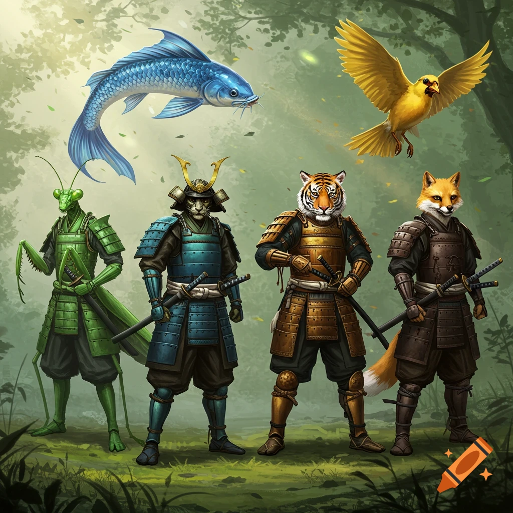 An illustration of a praying mantis, cat, tiger, and fox in samurai armor standing in a forest, with a blue koi fish and golden bird flying above.