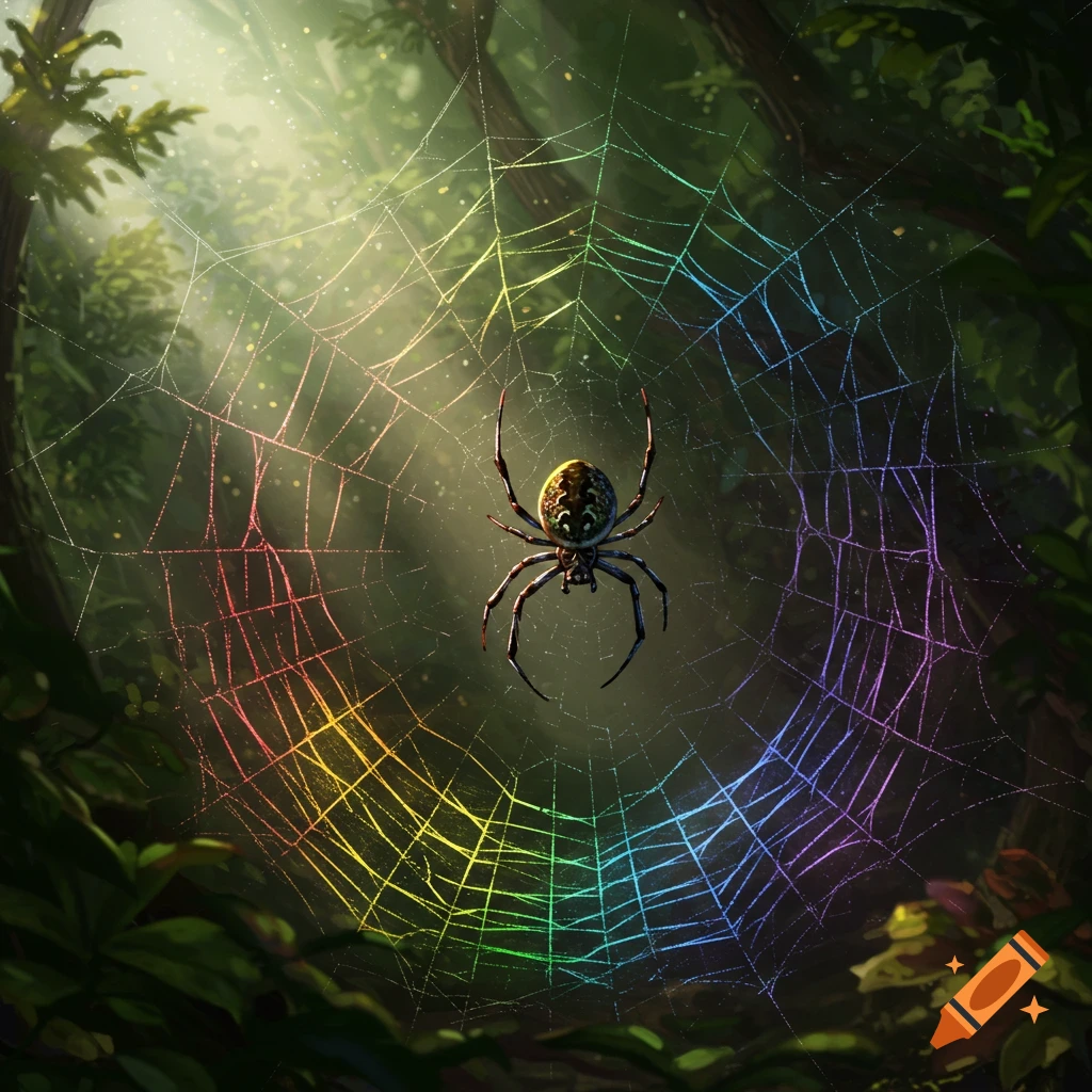 A realistic spider sits in the center of a vibrant rainbow-colored web in a sunlit forest.