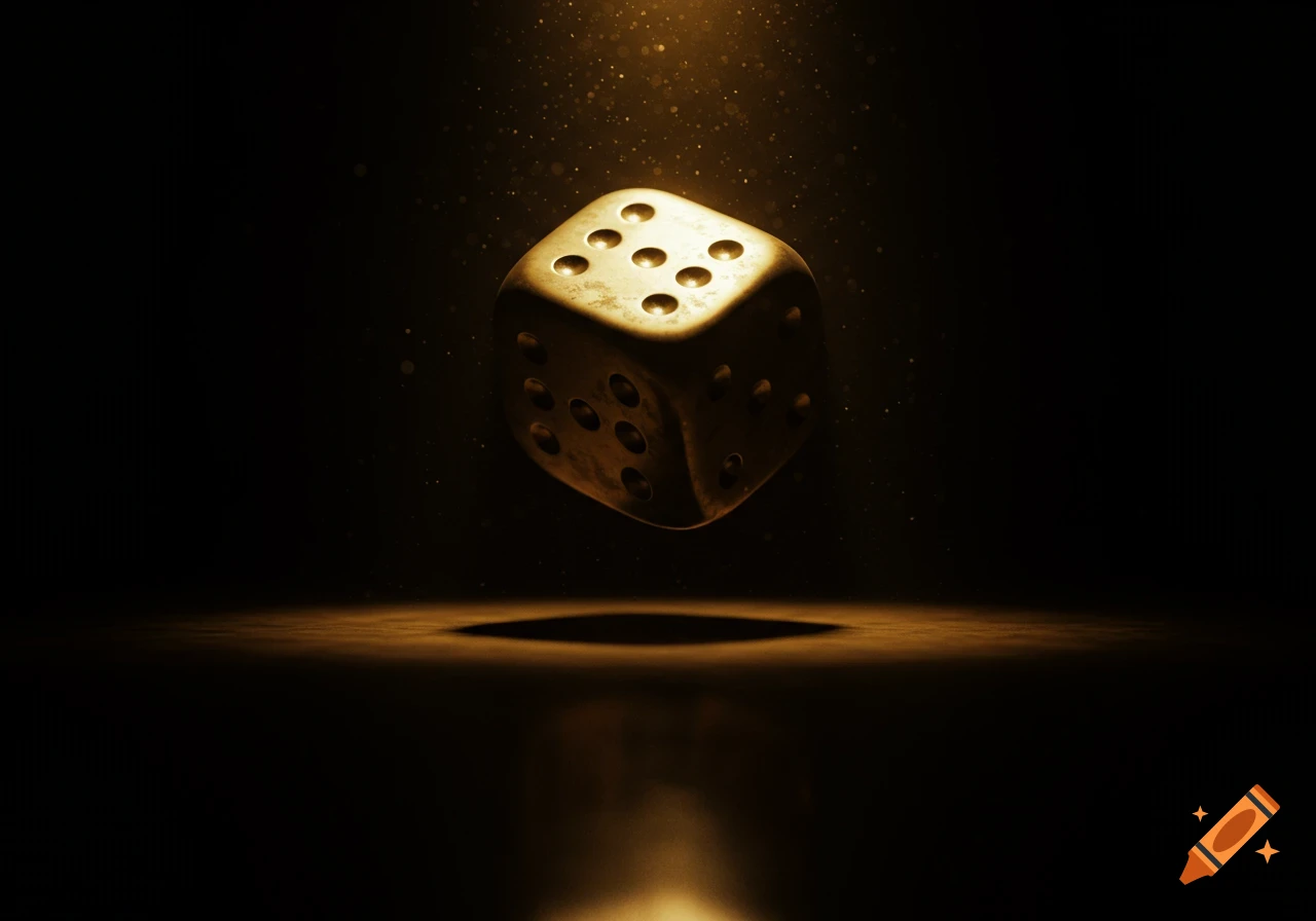 A golden, weathered die floats in dark space, illuminated by a golden spotlight with dust particles.