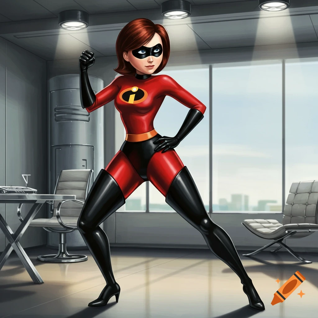 Elastigirl, in her red and black superhero suit, confidently poses in an office setting with large windows.