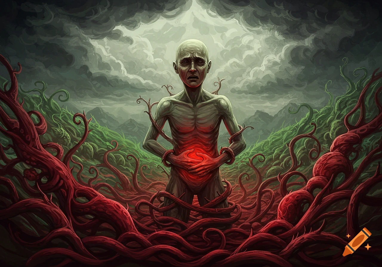 A gaunt figure with a glowing red stomach stands amidst tangled red and green vines under a stormy sky, in a dark fantasy art style.