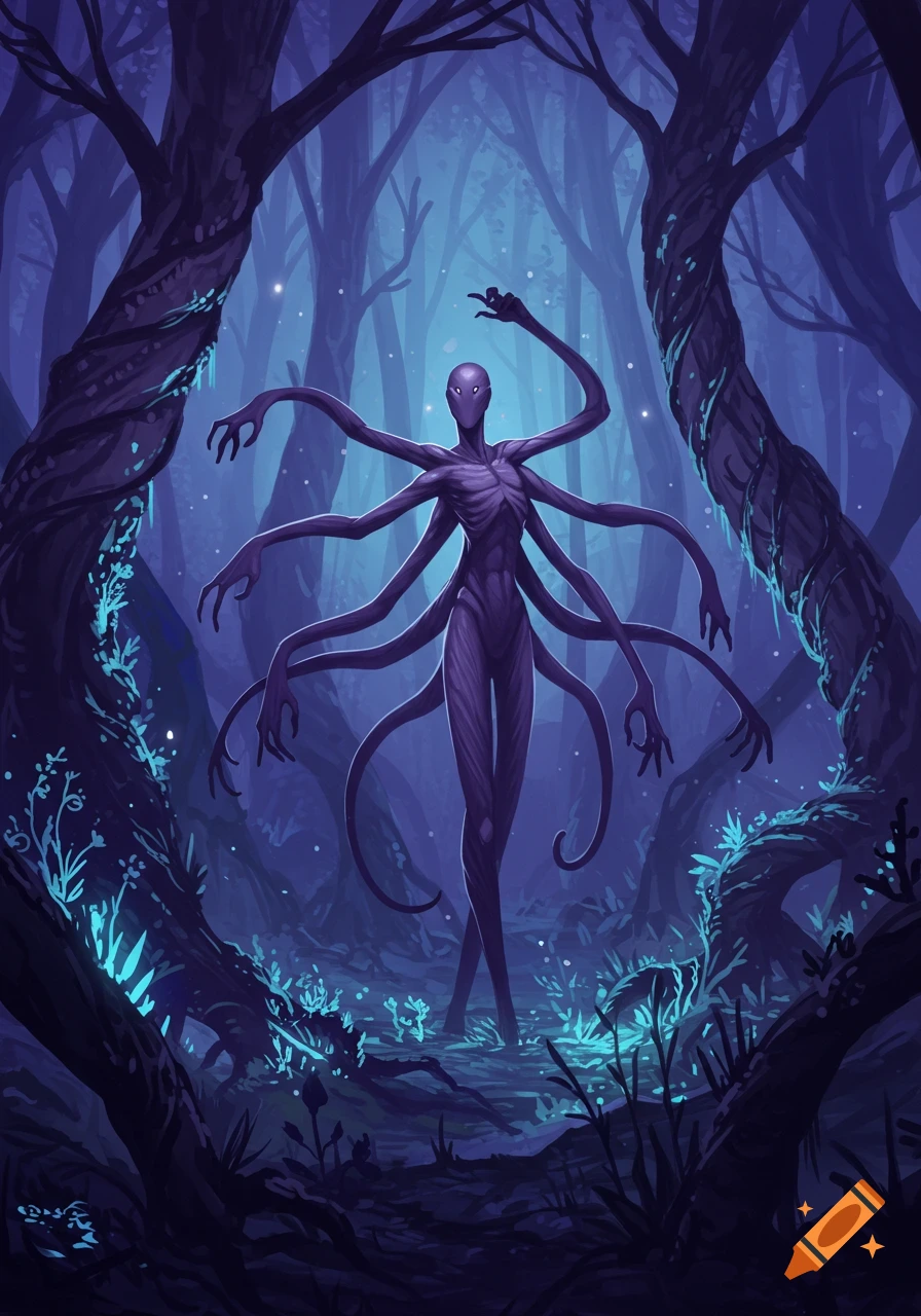 A slender, purple, multi-limbed monster stands in a dark, glowing blue and purple forest. Digital art.