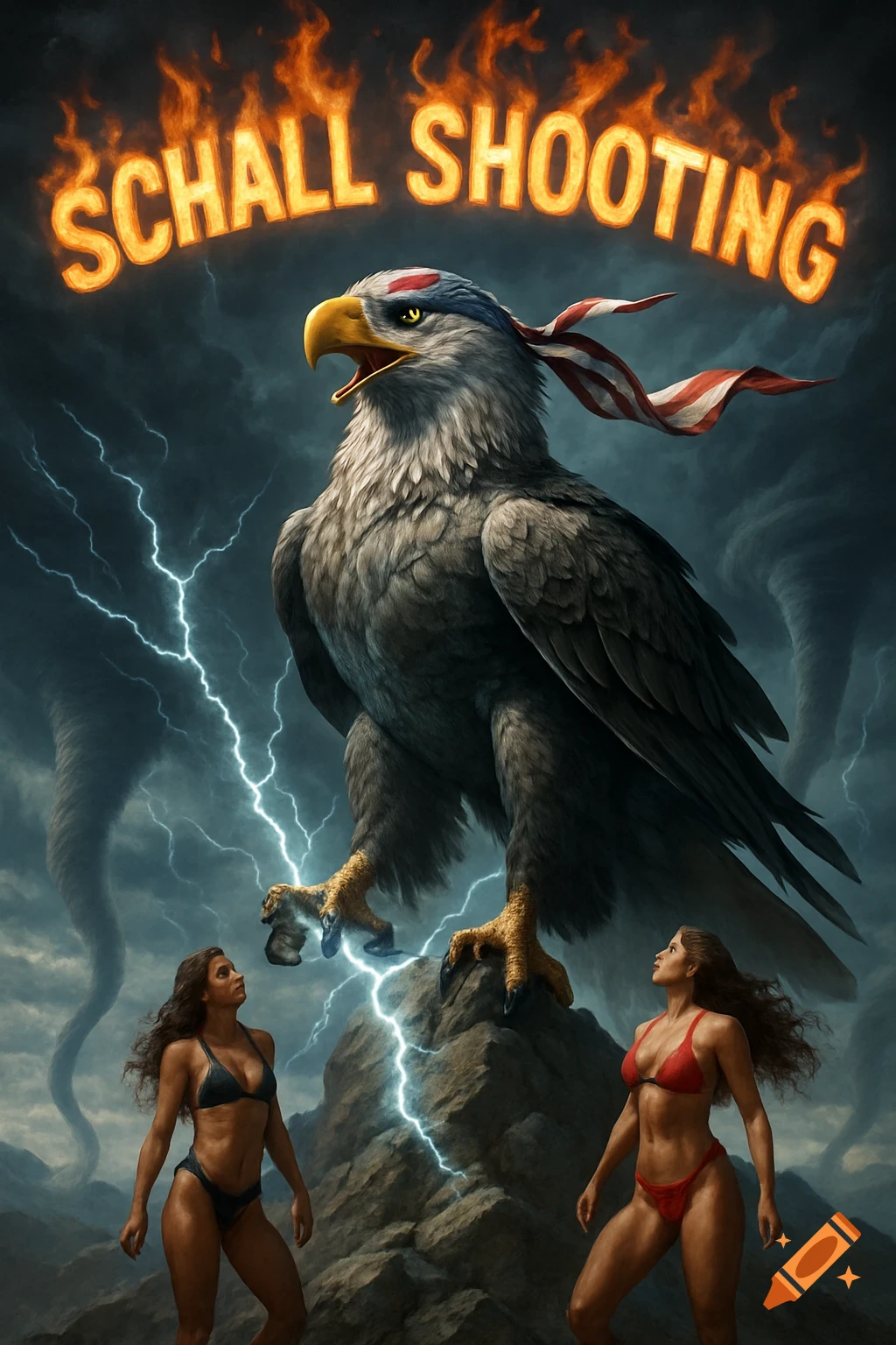 Giant bald eagle with American flag bandana on mountain, lightning bolts in talons. Two muscular women in bikinis look up. Burning 'SCHALL SHOOTING' text and tornadoes in stormy sky.