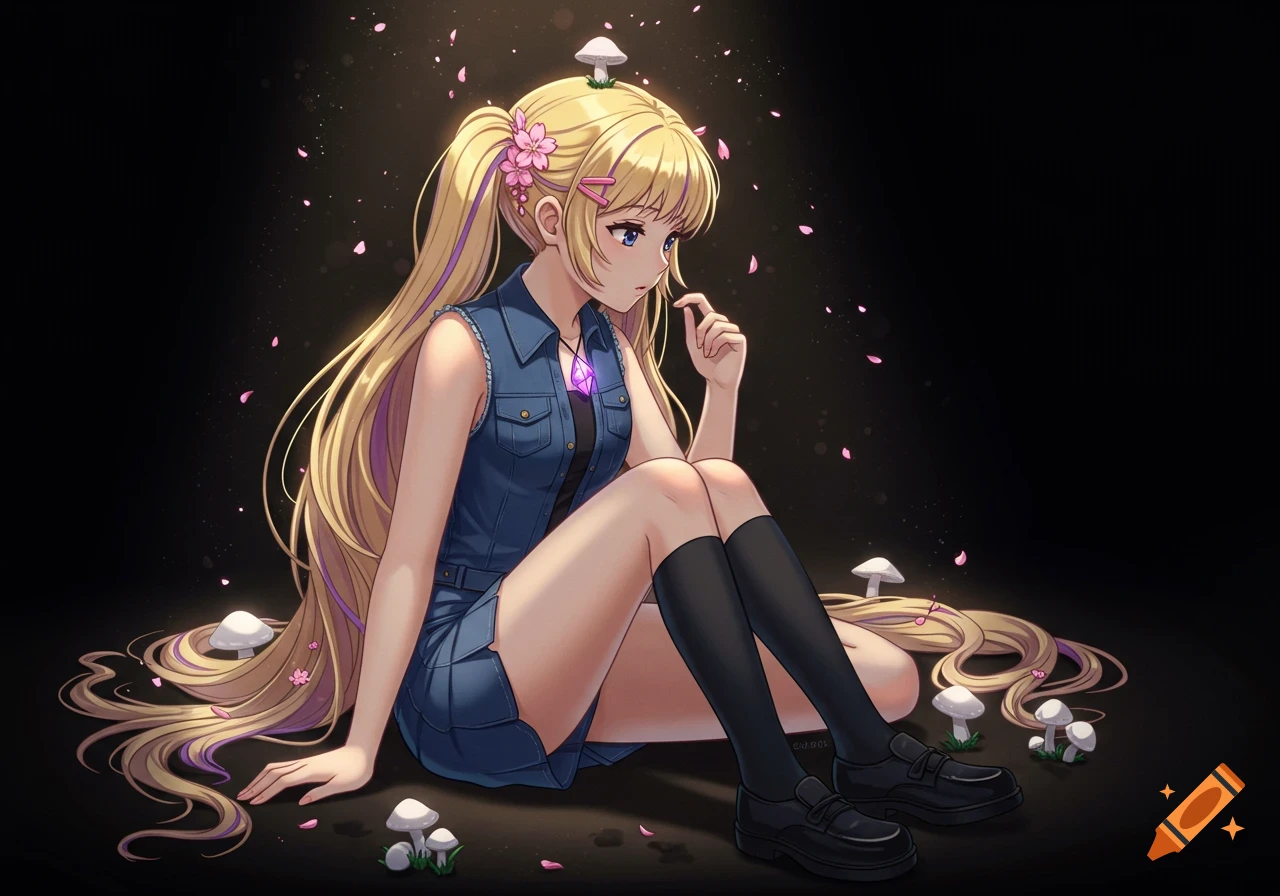 An anime girl with long blonde hair, purple streaks, and cherry blossom clips sits on the ground in a spotlight, surrounded by small mushrooms.