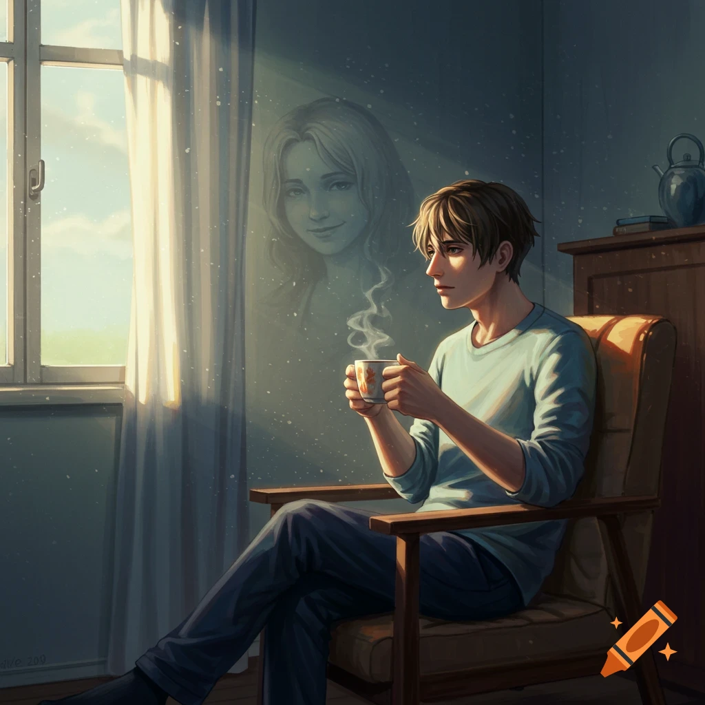 A thoughtful young man in anime style sits by a window with tea, a ghostly woman smiling faintly on the wall.