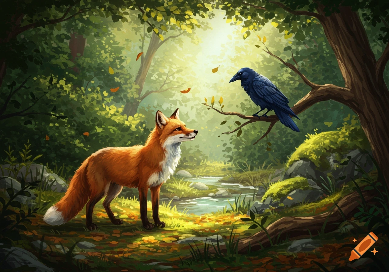 A stylized illustration of a fox looking at a crow on a branch in a bright, lush forest with a stream.