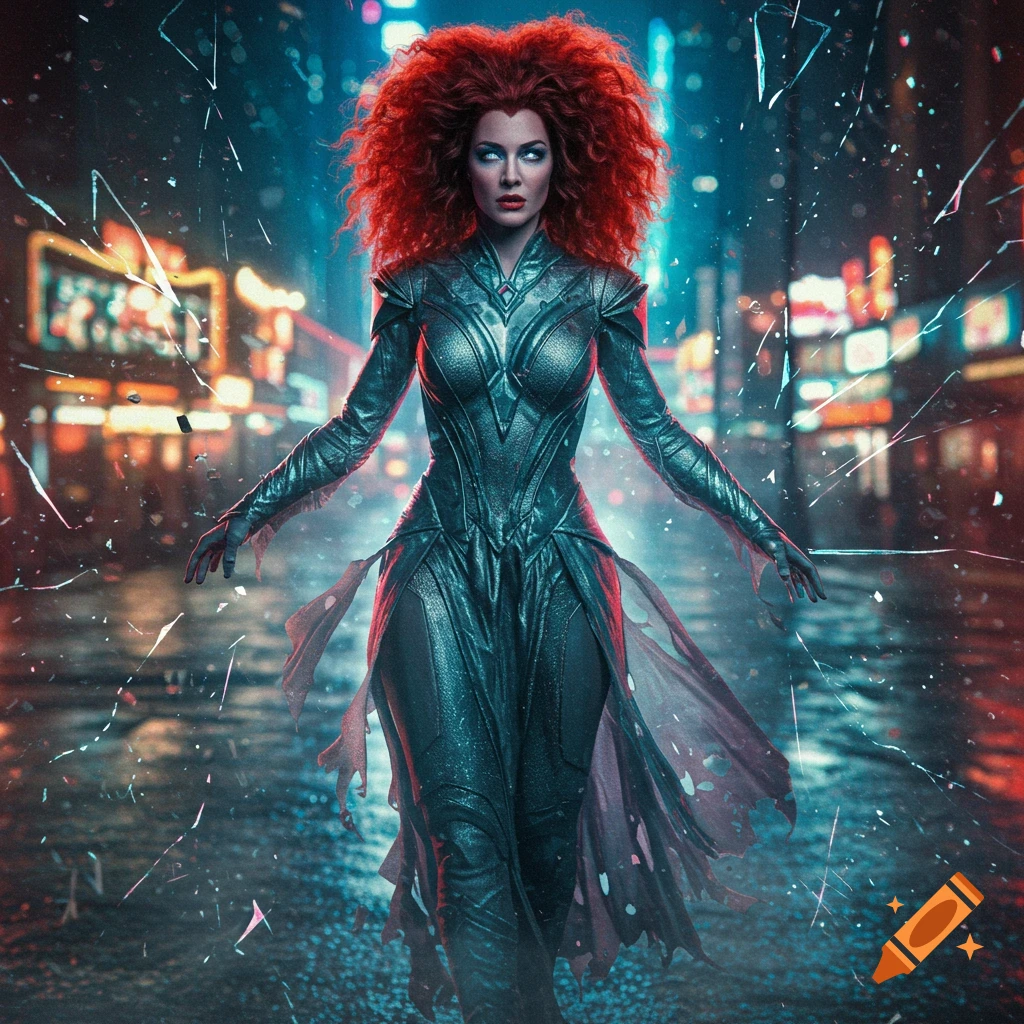 A red-haired supervillain in a shredded silver suit stands on a neon-lit city street with scattered glass, photorealistic.