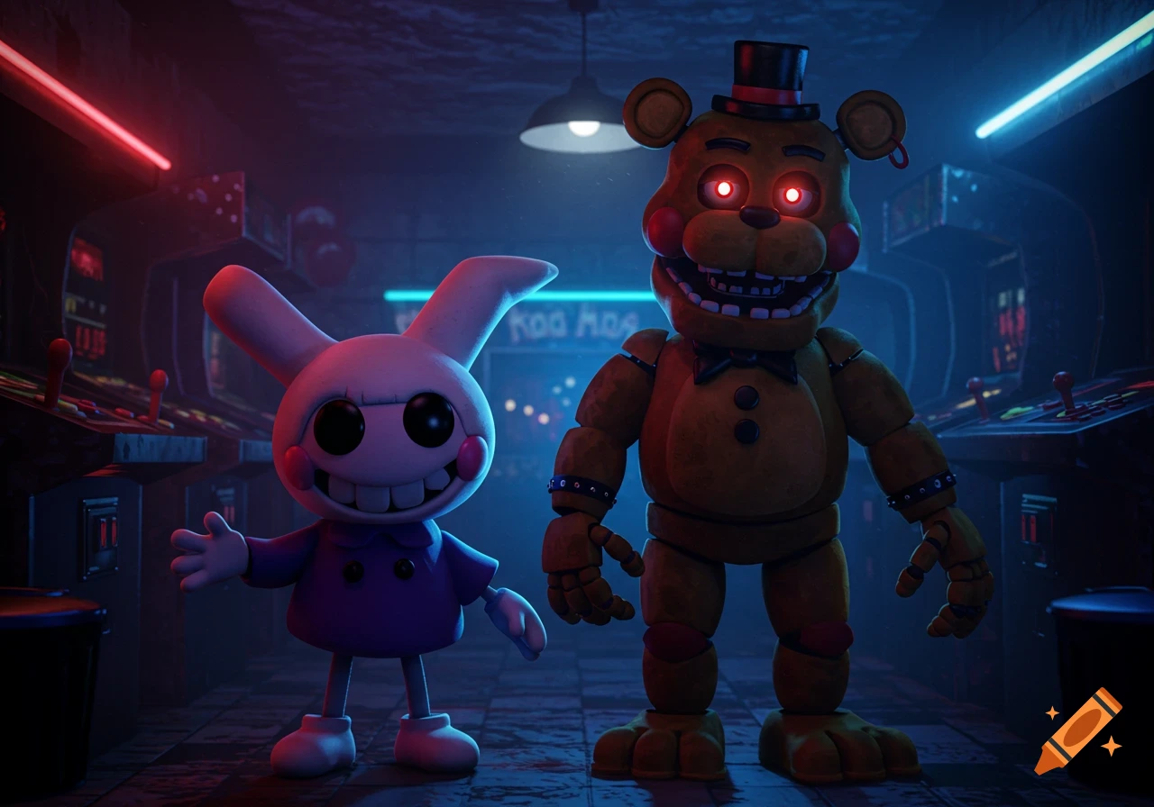Cartoonish Freddy Fazbear and Mim-Mim stand in a neon-lit arcade, both appearing malicious.