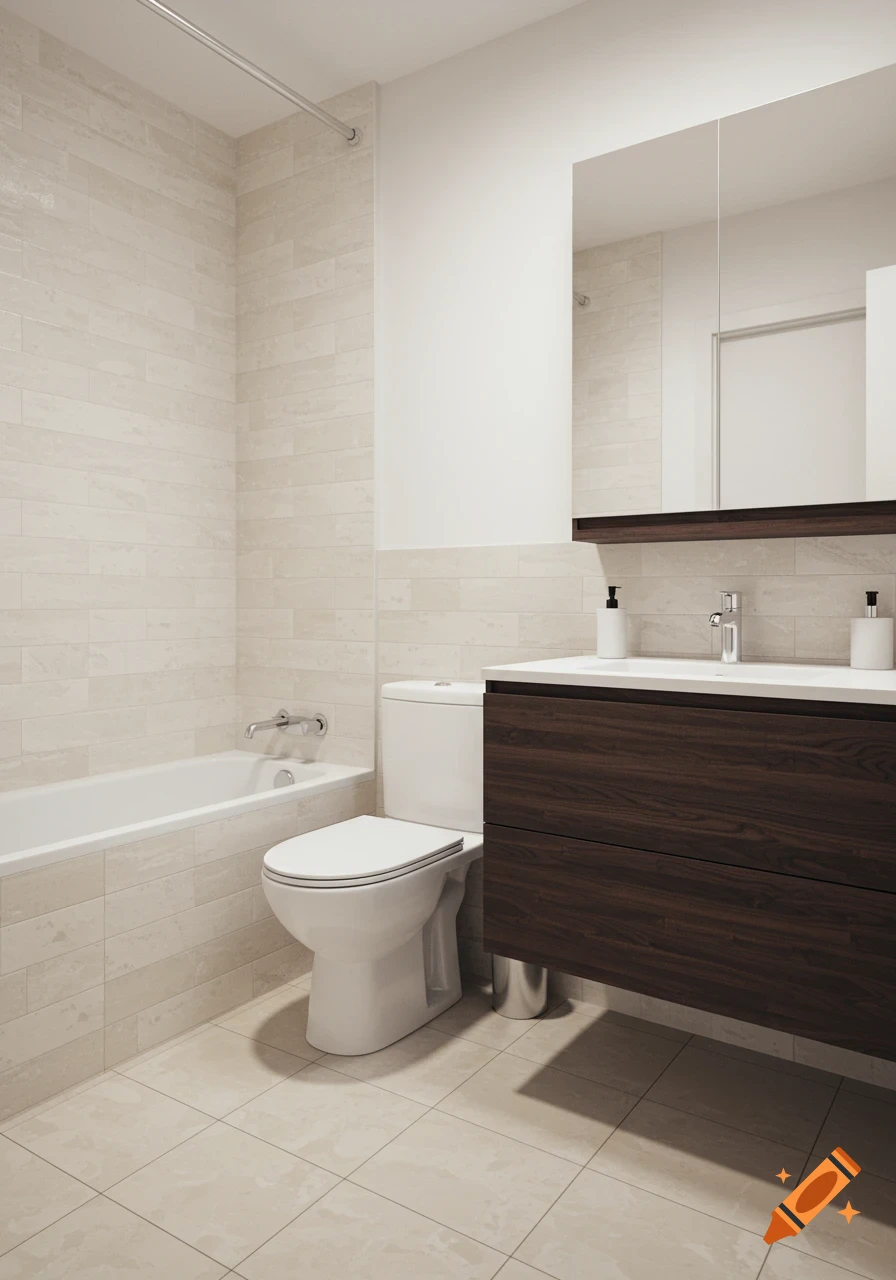 A photorealistic modern bathroom with light tiles, white tub and toilet, and a dark brown floating vanity with a mirror.