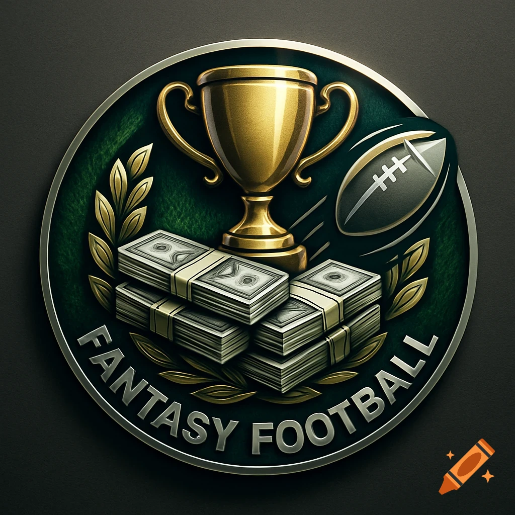 A circular fantasy football logo featuring a golden trophy, stacks of cash, a football, and laurel leaves on a green background, with 'FANTASY FOOTBALL' text.