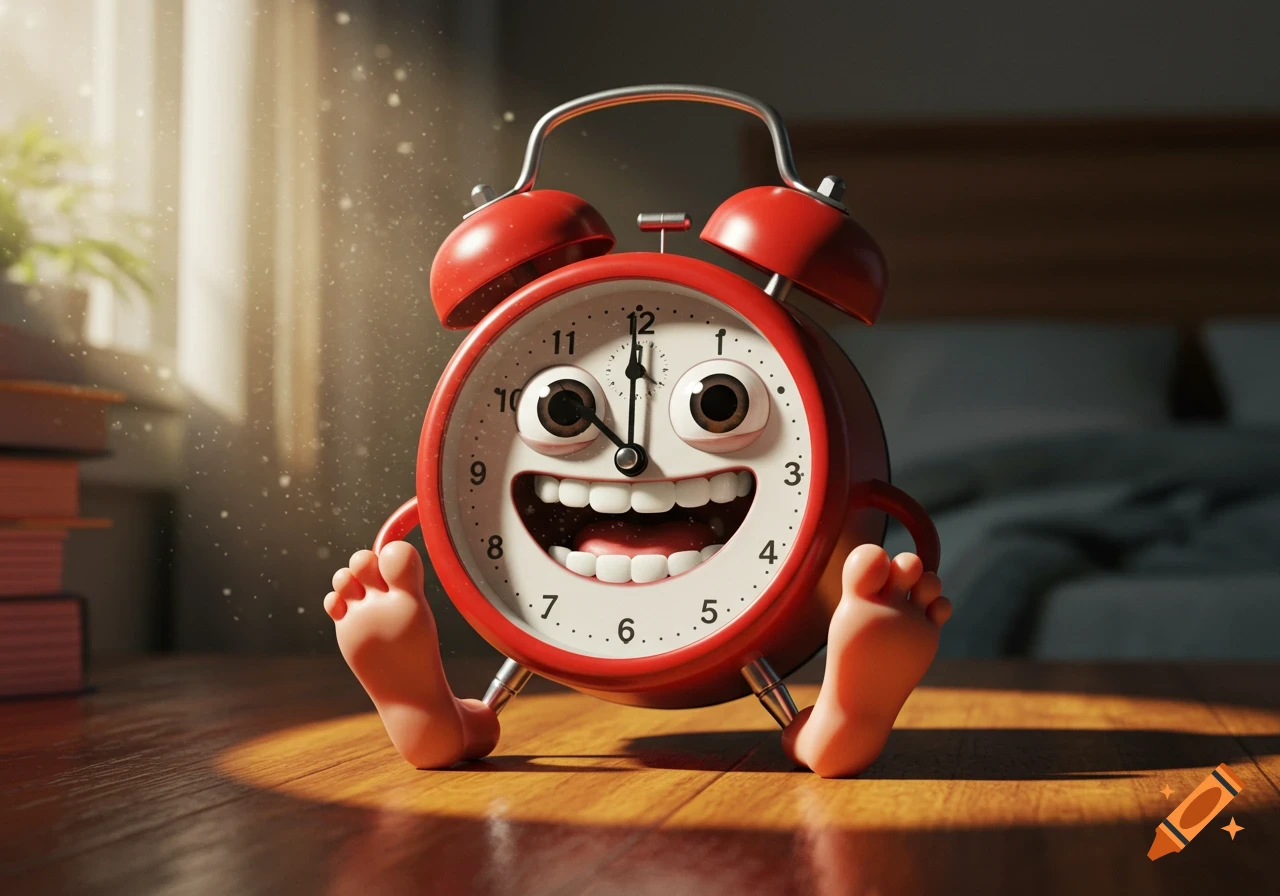 A happy, anthropomorphic red alarm clock with large eyes, a wide smile, and bare feet sits on a wooden table in a sunlit room.