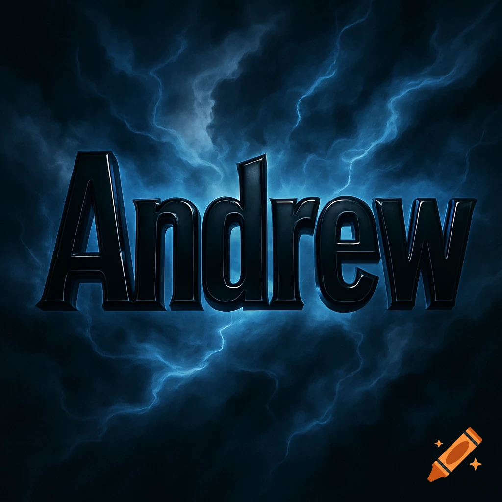 3D-rendered black text "Andrew" with a glowing blue outline against a dark, stormy sky with lightning.