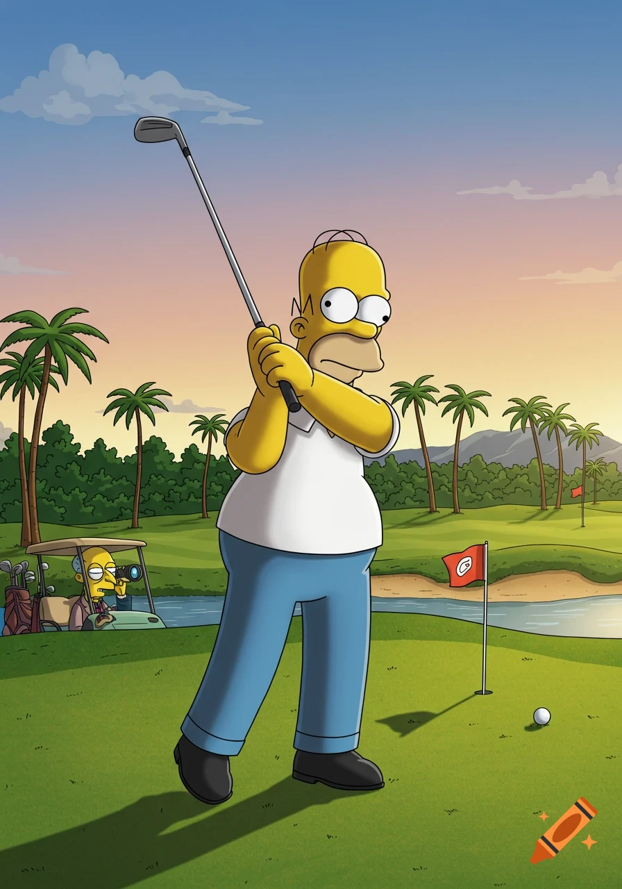 Cartoon Homer Simpson swings a golf club on a scenic golf course at sunset, with Mr. Burns watching from a golf cart.