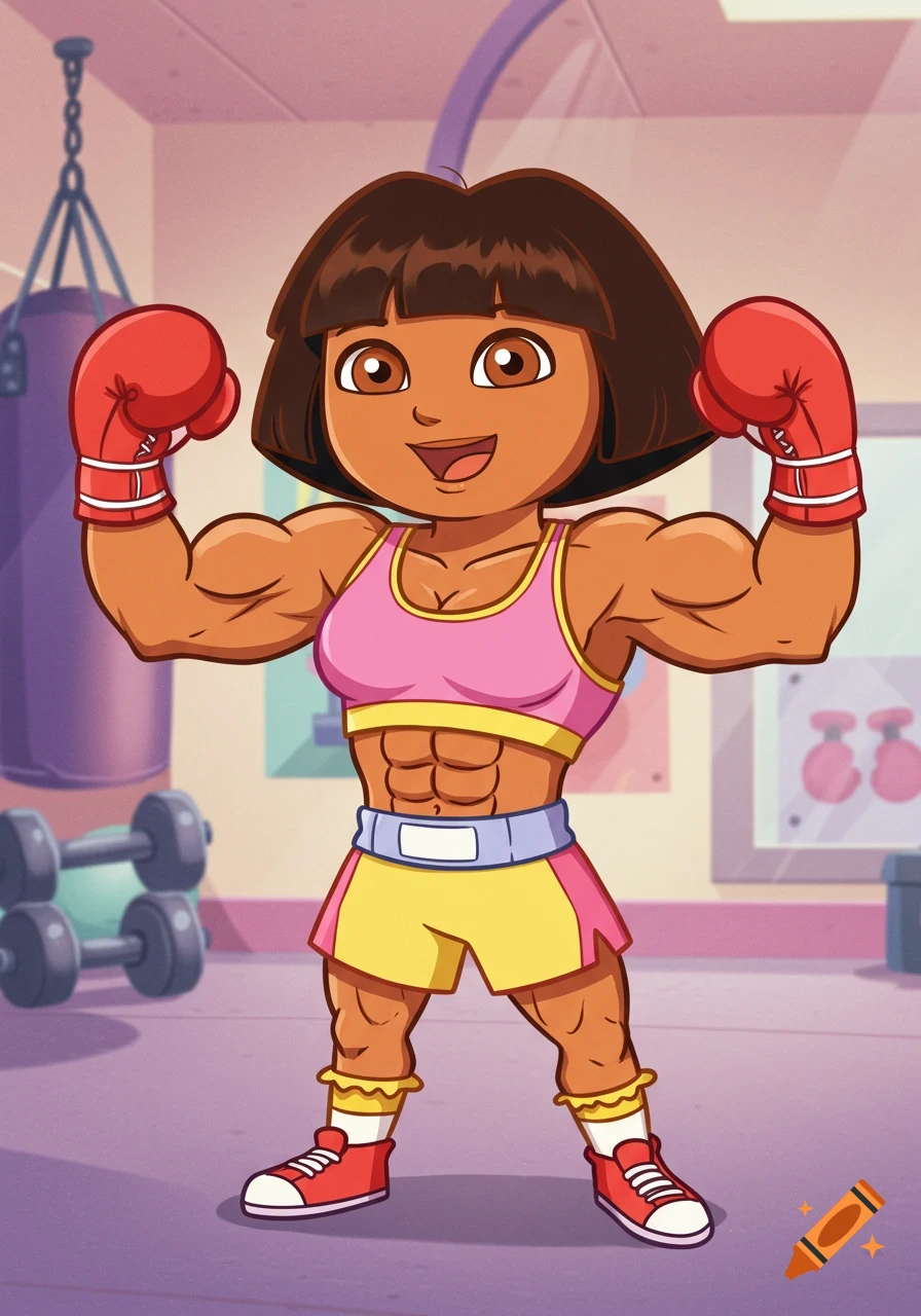 Cartoon Dora the Explorer, muscular, wearing a pink sports bra, yellow shorts, and red boxing gloves, flexing in a gym.