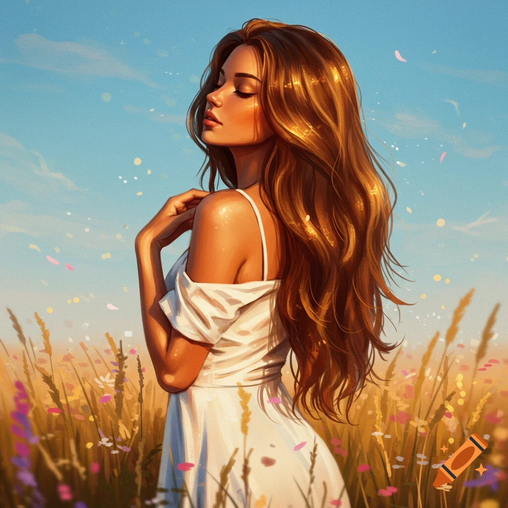 Illustration of a woman with long brown hair and tanned skin, wearing a white dress, standing in a sunny field of wildflowers under a blue sky.