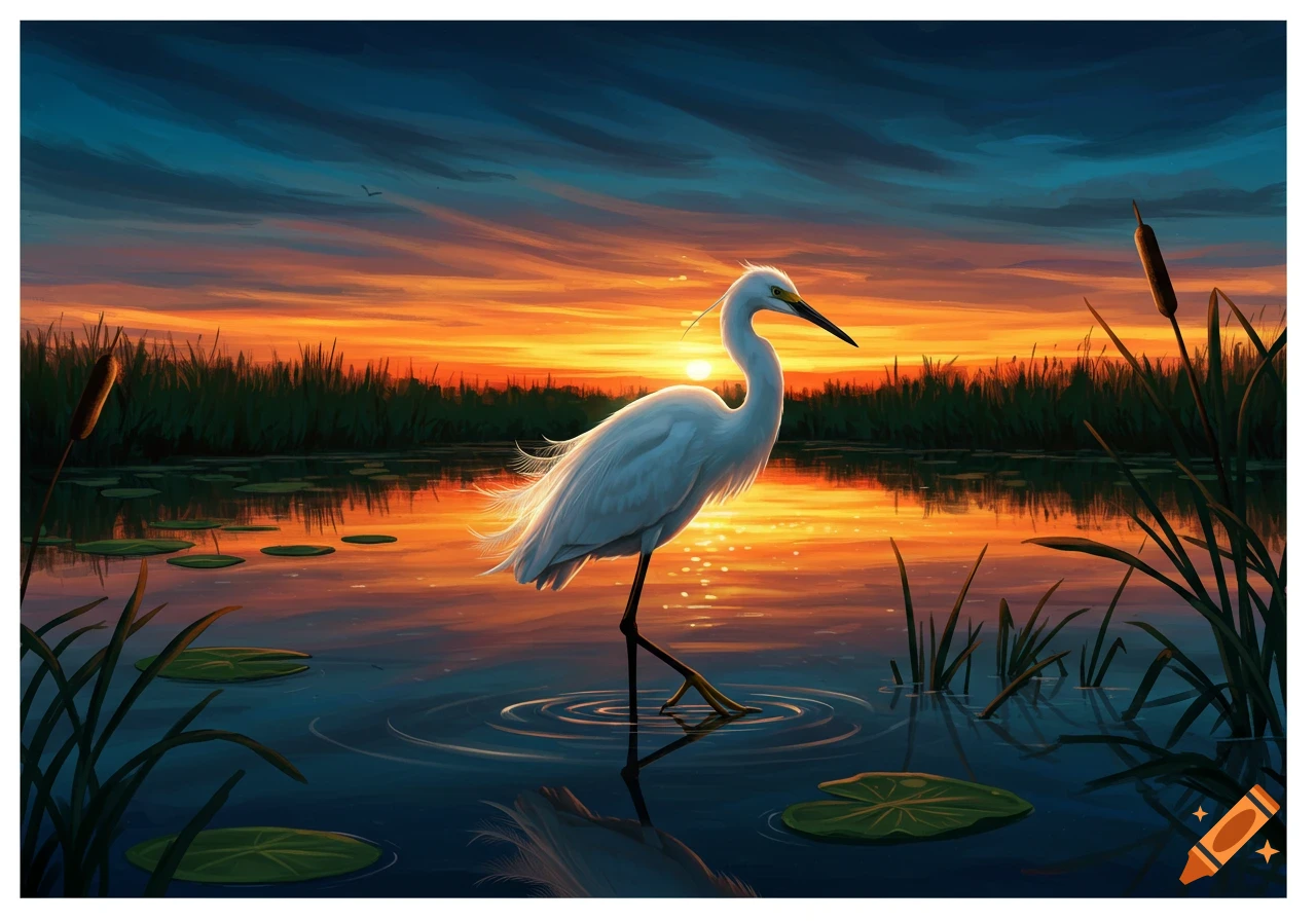 White egret standing in a wetland at sunset, with a vibrant orange and blue sky reflected in the water. Digital painting.