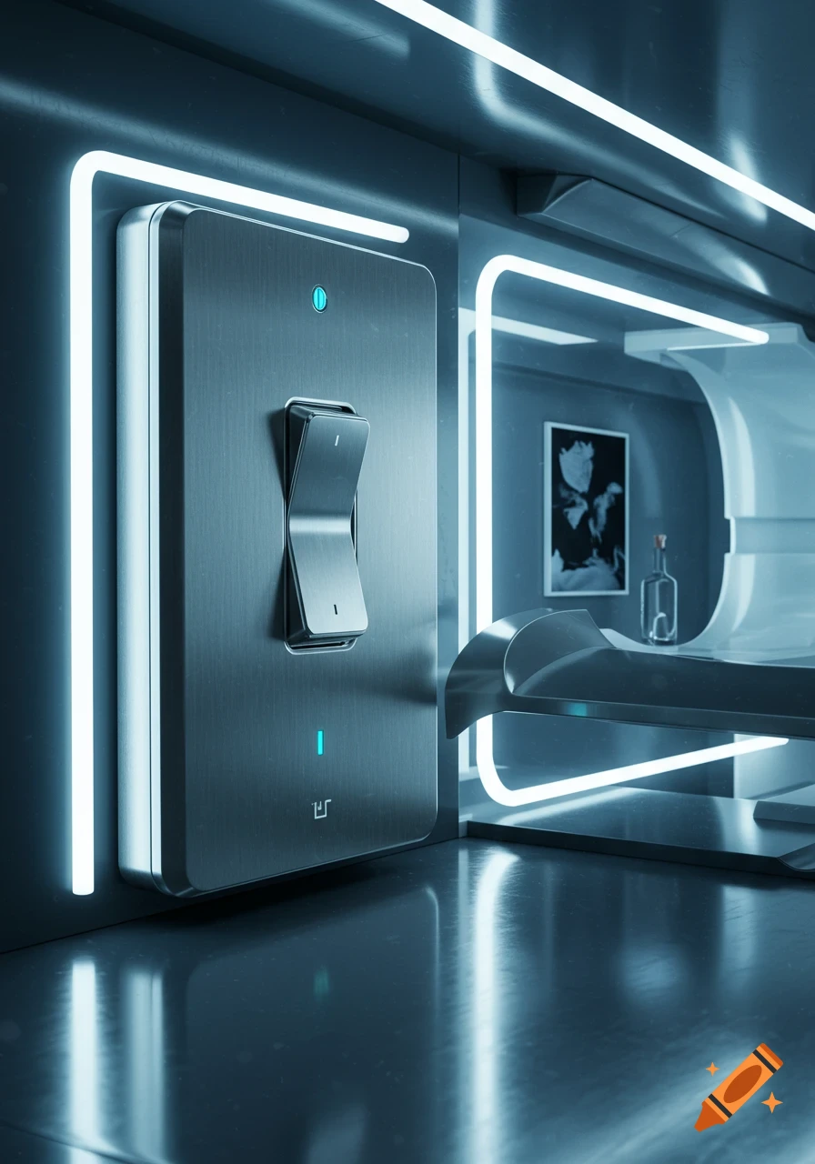 A close-up, photorealistic view of a modern, sleek light switch on a brushed metal panel with glowing blue-white neon lights in a futuristic setting.