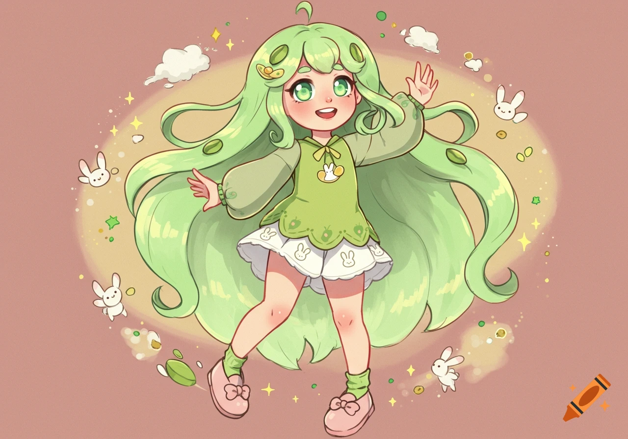 A cute anime girl with long light green hair and big green eyes, wearing a green tunic and a white bunny-patterned skirt, surrounded by small flying bunnies and sparkles.