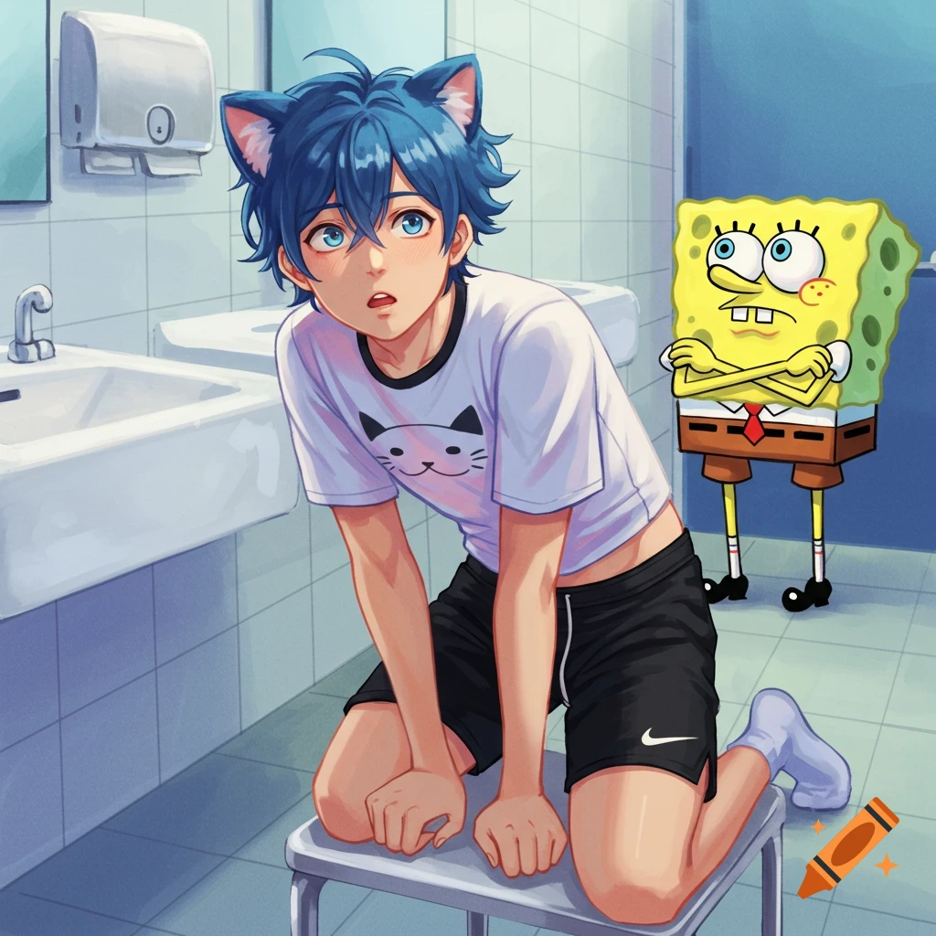 Anime boy with blue cat ears kneels in a bathroom, looking up surprised, as Spongebob stands behind him looking disgusted.