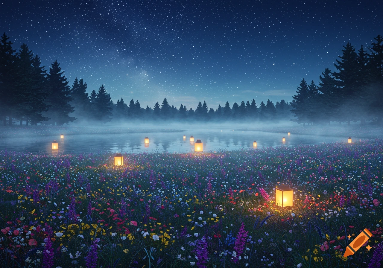 A vibrant field of wildflowers with glowing lanterns by a misty lake and forest under a starry night sky.