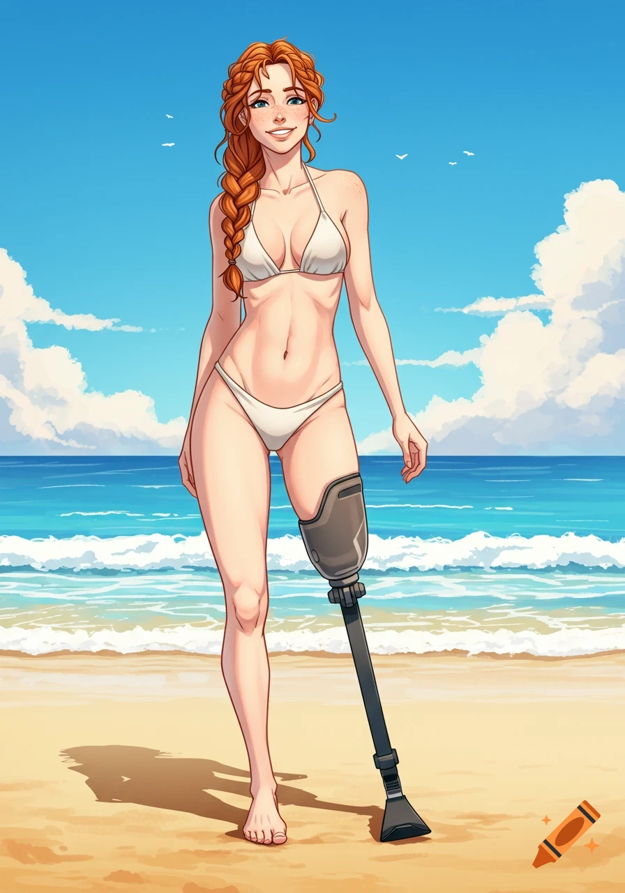 Digital illustration of a smiling redhead woman with a prosthetic leg wearing a white bikini on a sunny beach.