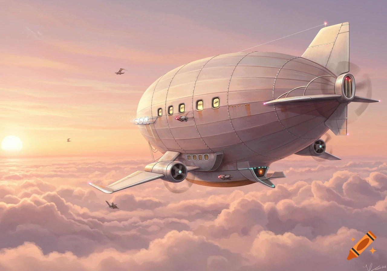 A stylized retrofuturistic airship with propellers and fins flies above fluffy clouds during a pink and orange sunset.