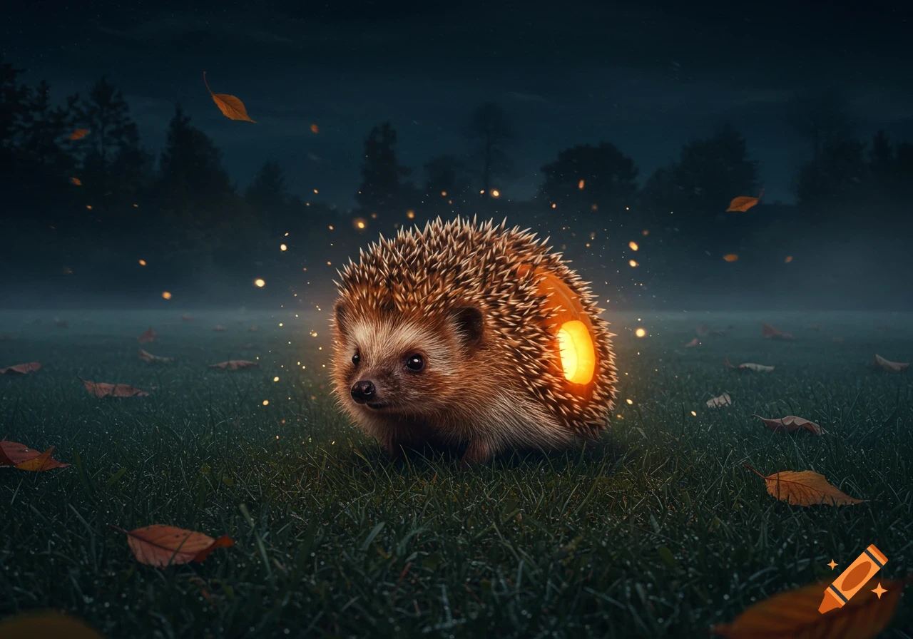 A hedgehog with a glowing pumpkin on its side sits in dewy grass with autumn leaves on a dark, misty night.