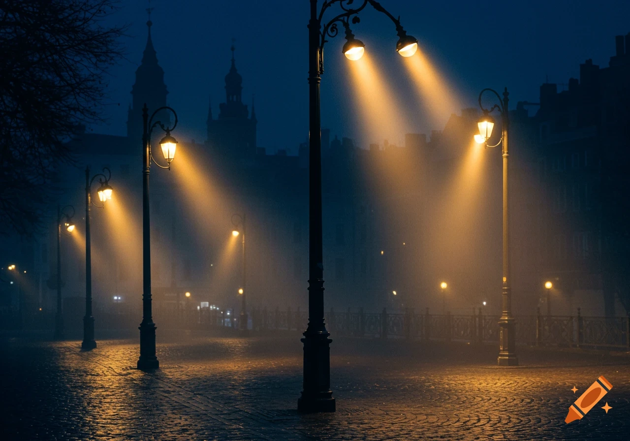Foggy night street scene with glowing streetlights illuminating a wet cobblestone path and distant buildings.