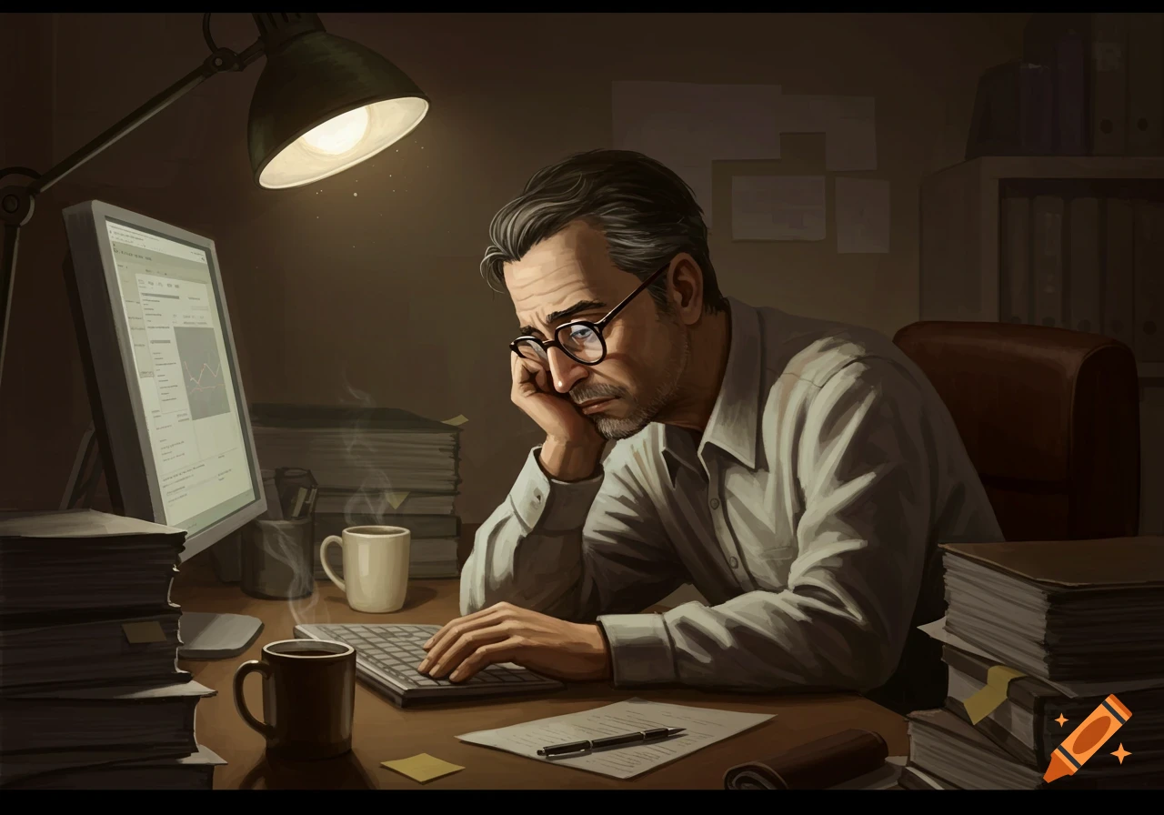 Illustration of a tired man with glasses leaning on his hand while working at a computer desk at night.
