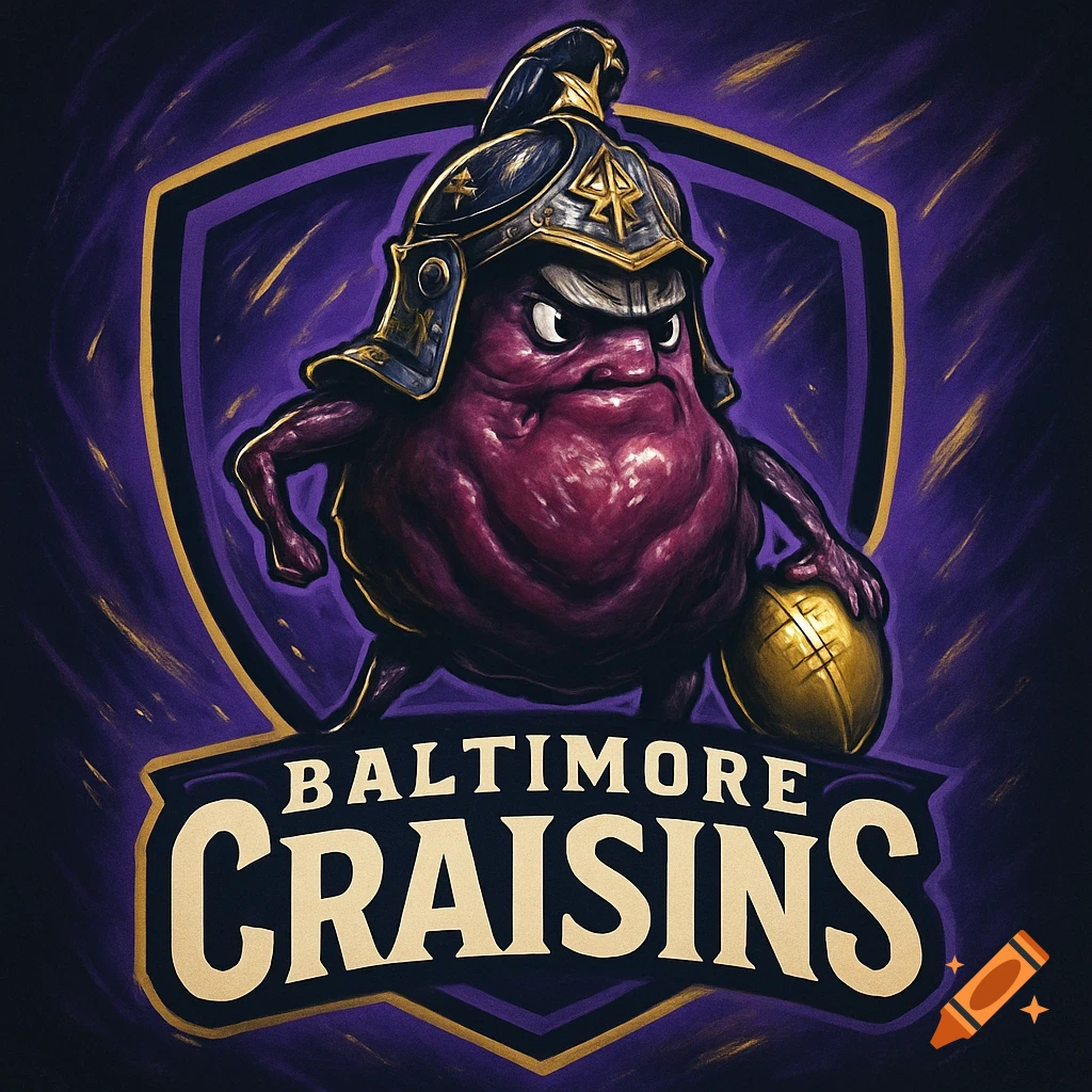 A cartoon angry purple craisin wearing a Roman helmet, holding a football within a shield logo for 'Baltimore Craisins'.