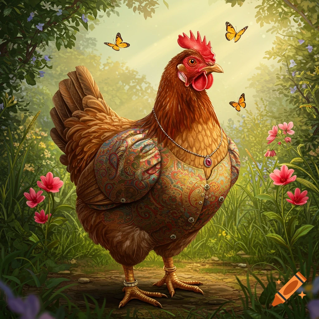 A whimsical brown hen in a paisley vest and jewelry stands in a sunlit forest with pink flowers and butterflies.
