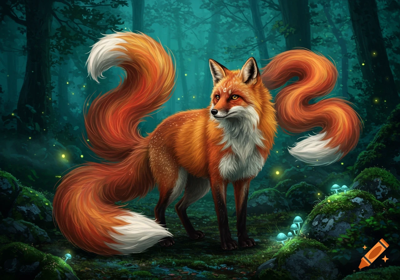 A vibrant illustration of a majestic multi-tailed fox (kitsune) standing in a mystical, dark green forest with glowing blue mushrooms and fireflies.