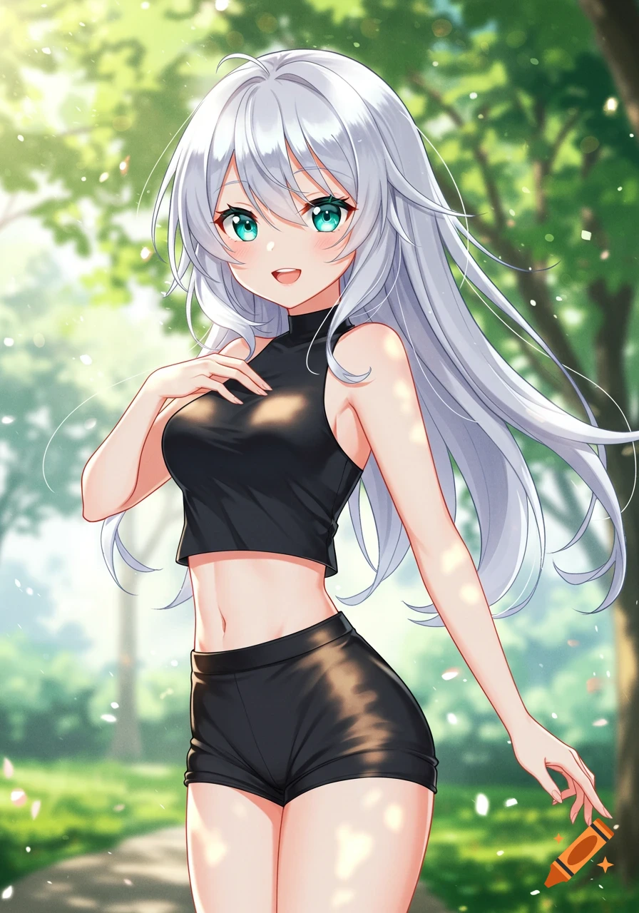 A cute anime girl with long white hair and green eyes, smiling while walking in a bright park. She wears a black crop top and short shorts.