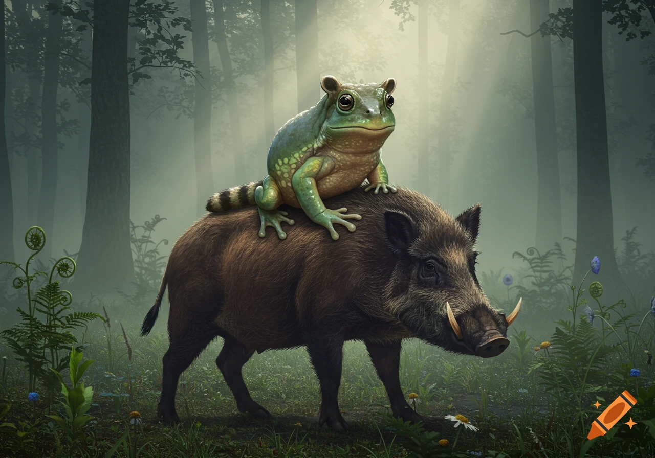 A whimsical green raccoon-frog hybrid with a striped tail rides on the back of a brown boar through a misty forest.