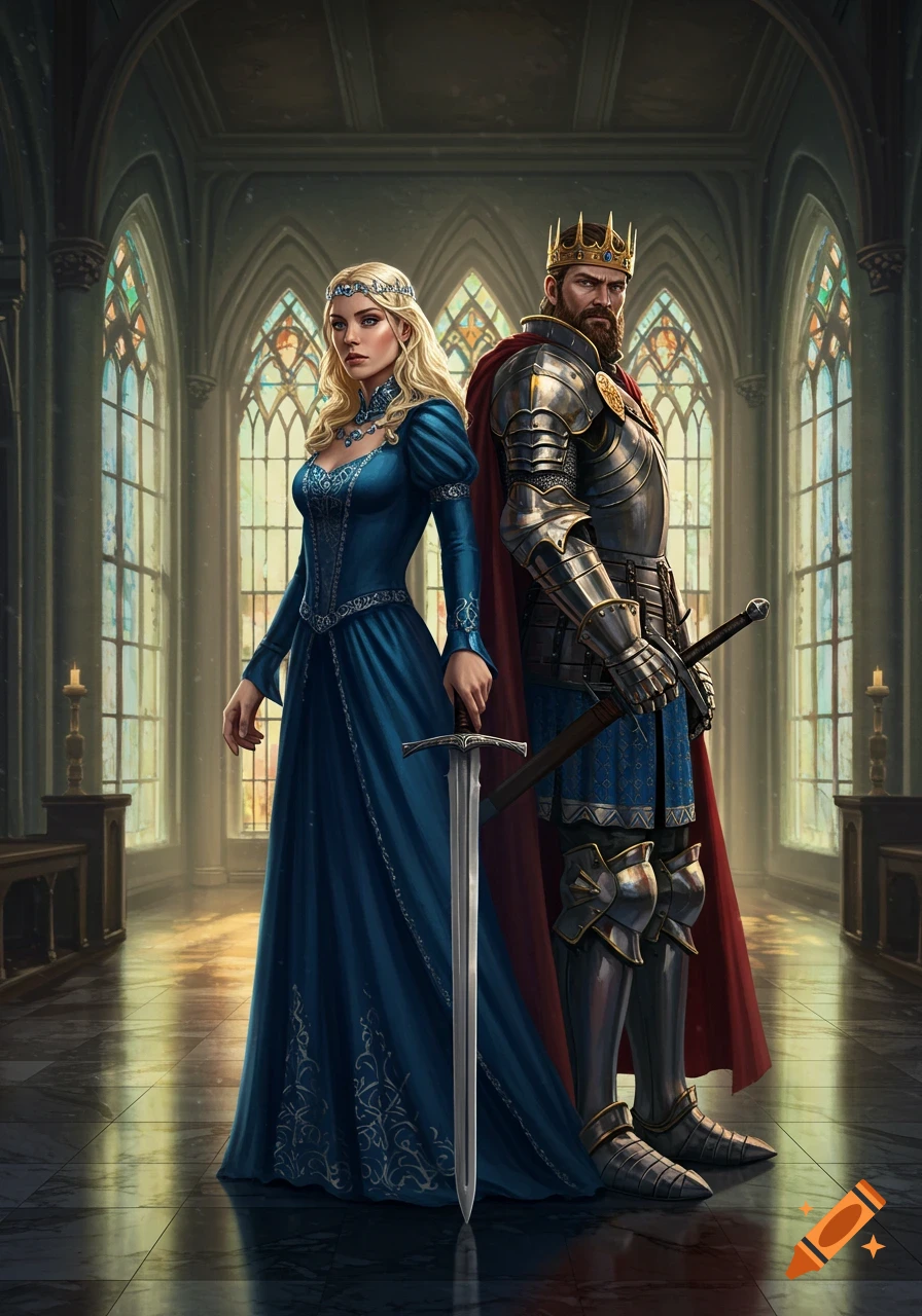 A queen in a blue gown and a king in armor stand back-to-back in a grand hall with stained-glass windows, both holding swords.