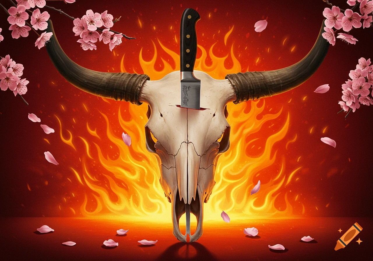 A bull skull with a chef's knife piercing its forehead, set against a background of orange flames and falling pink cherry blossoms. Stylized illustration.