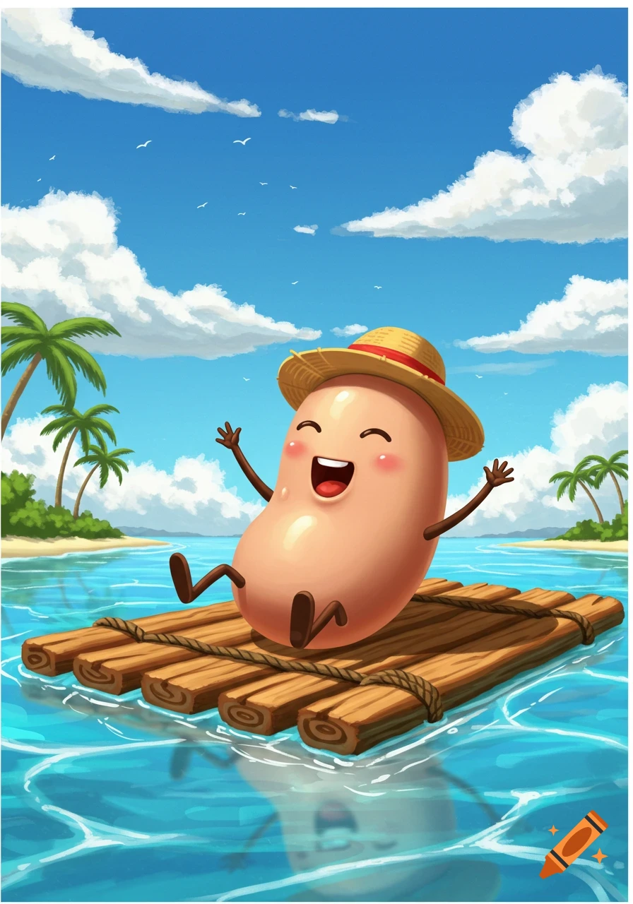 A happy cartoon bean wearing a straw hat floats on a wooden raft in the ocean, with palm trees and a sunny sky.