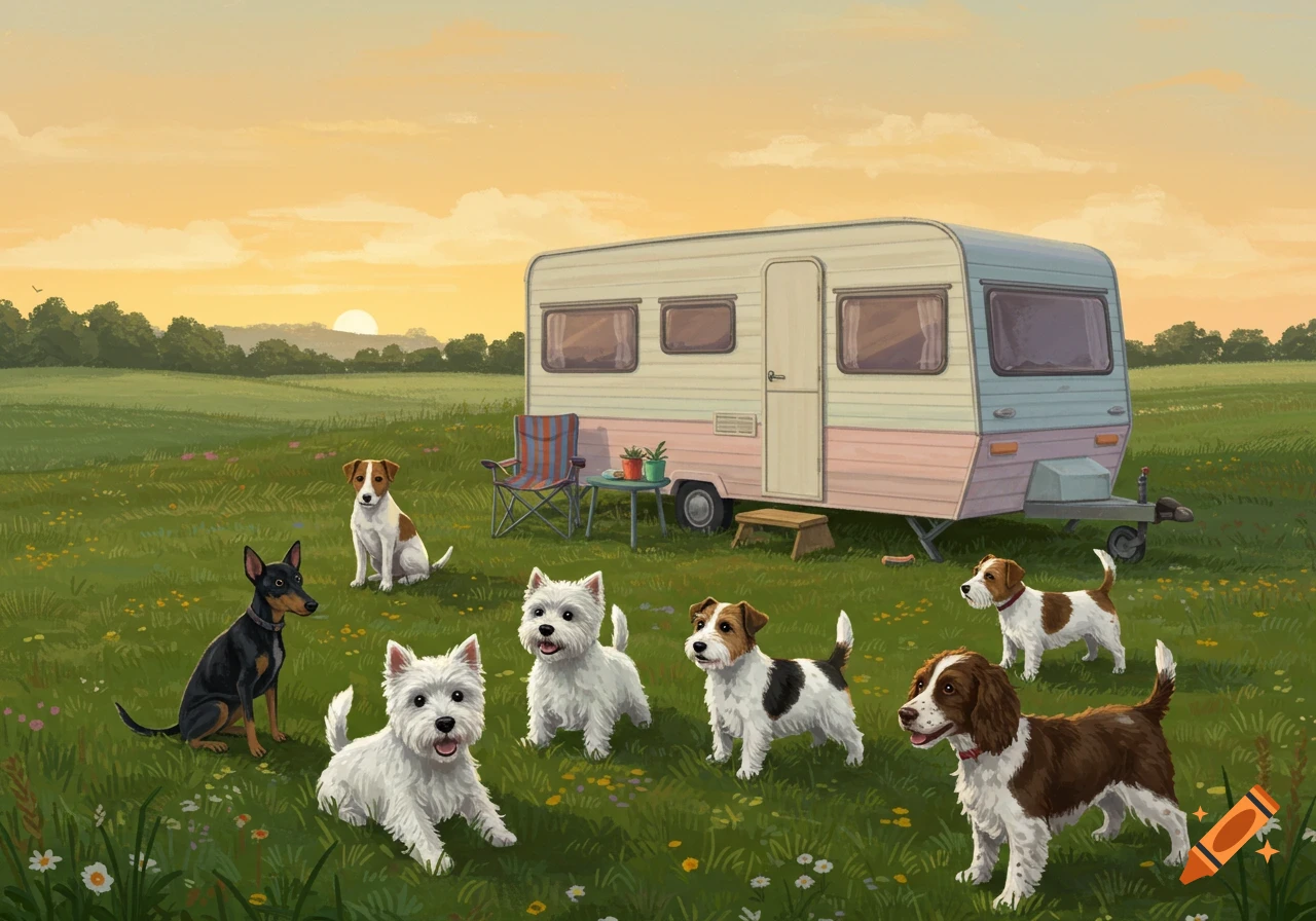 An illustration of several dogs of different breeds in a grassy field with a caravan at sunset.