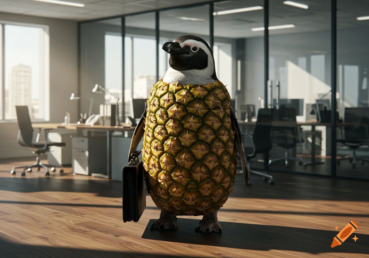 Photorealistic image of a penguin with a pineapple for a body, holding a briefcase in a modern office.