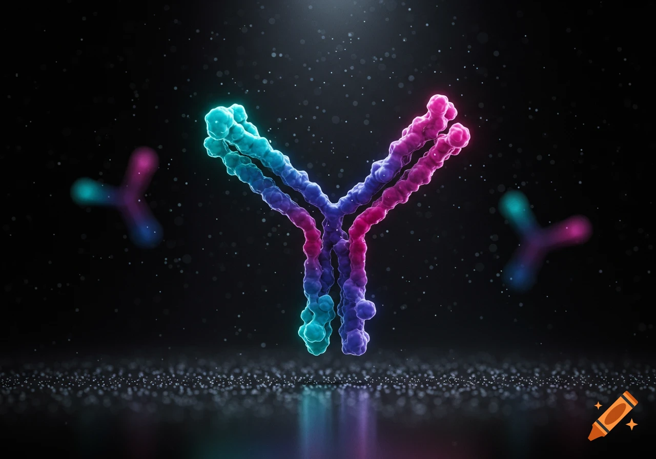 A vibrant, 3D molecular rendering of an antibody, depicted in blue, purple, and pink, against a dark background with sparkling particles.